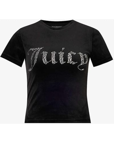 Juicy Couture Rhinestone-embellished Slim-fit Velour T-shirt - Black