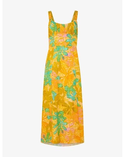 Whistles Palm Floral-print Sweetheart-neckline Woven Midi Dress - Yellow