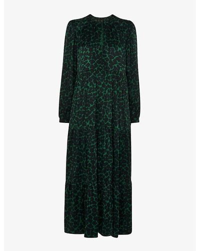 Whistles Animal-print Tiered Woven Midi Dress - Green