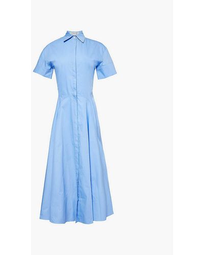 Victoria Beckham Short-sleeved Flared-skirt Organic-cotton Poplin Midi Dress - Blue
