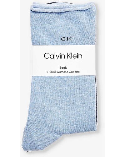 Calvin Klein Roll Top Brand-print Pack Of Three Stretch-cotton Blend Socks - Blue