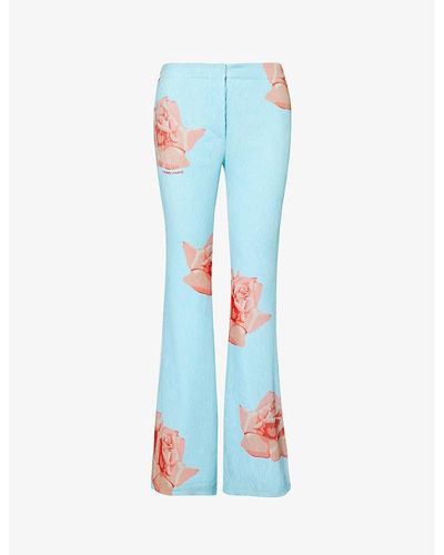 KENZO Floral-print Flared-leg Woven Pants - Blue