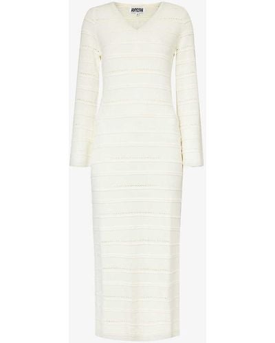 Amy Lynn V-neck Semi-sheer Knitted Midi Dress - White