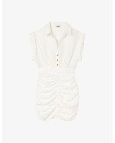 Sandro Shirt-collar Draped-effect Linen-blend Mini Dress - White
