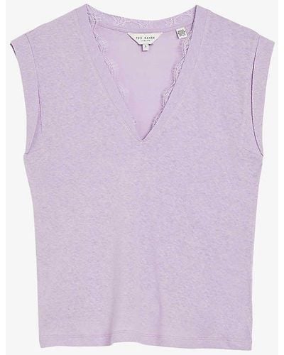 Ted Baker Effiy Lace-trimmed V-neck Linen And Cotton-blend T-shirt - Purple