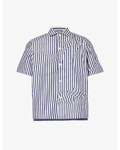 Sacai Stripe-pattern Steeped-hem Boxy-fit Cotton-blend Shirt - Blue