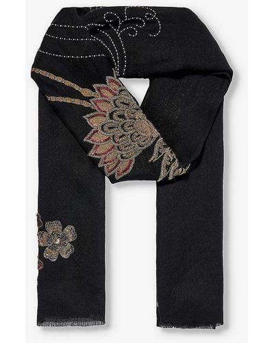 Janavi Cranes Bead-embellished Cashmere Scarf - Black