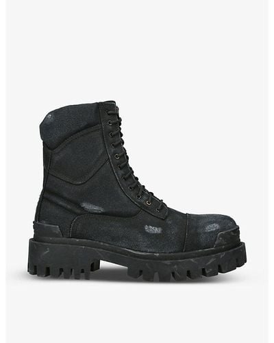 Balenciaga Strike Distressed Leather Platform Ankle Boots - Black