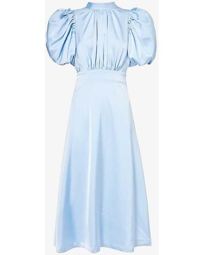 ROTATE BIRGER CHRISTENSEN Puff-sleeve Pleated Satin Midi Dress - Blue