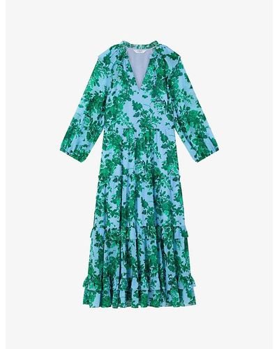 LK Bennett Eleanor Floral-print Tiered-hem Woven Midi Dress - Blue