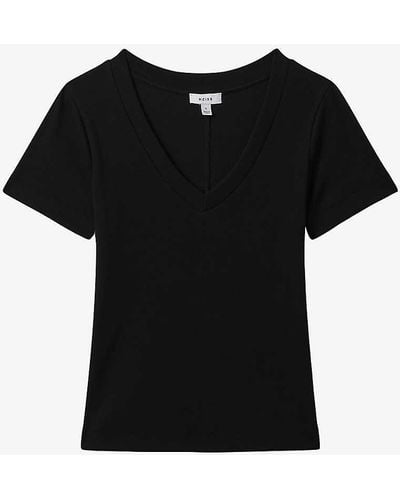 Reiss Becca V-neck Short-sleeve Ribbed Cotton T-shirt - Black