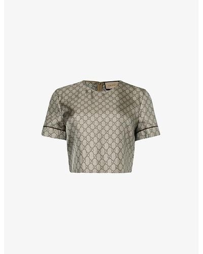 Gucci Monogram-pattern Cropped Silk Top - Grey