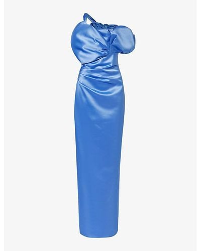 Rachel Gilbert Larna Asymmetric-neck Satin Gown - Blue