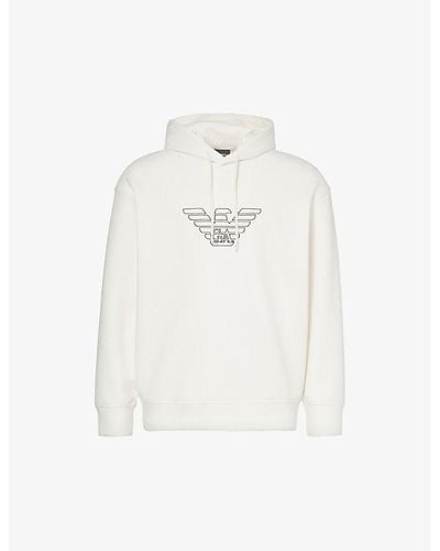 Emporio Armani Logo-embroidered Relaxed-fit Stretch-cotton Blend Hoody - White