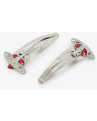Vivienne Westwood Heart Diamante-embellished Silver-tone Brass Set Of Two Hairclips - White