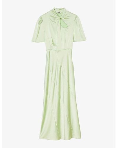 Sandro Teardrop-embellished Puff-sleeve Stretch-satin Maxi Dress - Green
