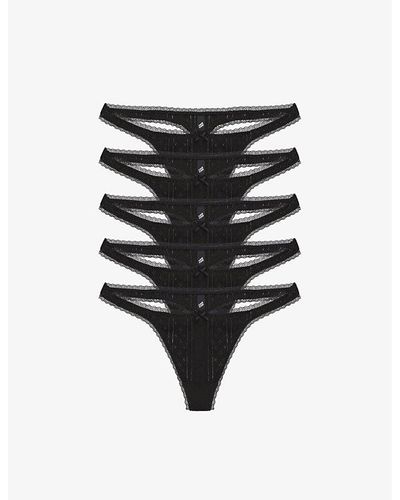 Cou Cou Intimates Pack Of Five Pointelle Mid-rise Organic-cotton Thong - Black
