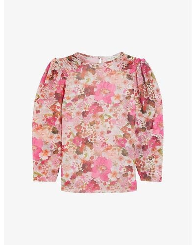 Ted Baker Pressed Flower-print Puff-sleeve Stretch-mesh Top - Pink