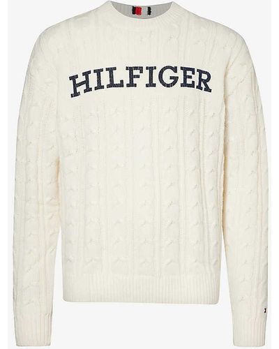 Tommy Hilfiger Logo-print Cable-knit Wool-blend Jumper - White