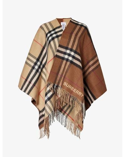 Burberry Giant Check Fringed-trim Cashmere-blend Cape - Brown