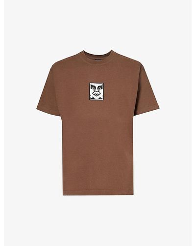 Obey Icon Brand-print Cotton-jersey T-shirt - Brown