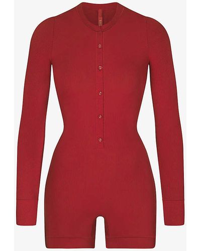 Skims Button-up Long-sleeve Stretch-woven Henley Onesie - Red