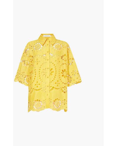 Zimmermann Short-sleeved Embroidered Cotton-poplin Shirt - Yellow