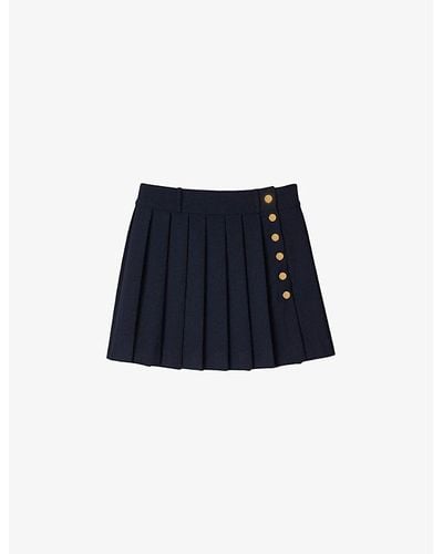 Sandro Button-embellished Pleated Woven Mini Skirt - Blue