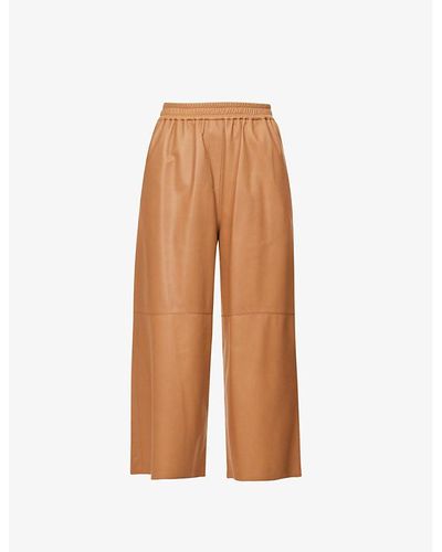 Loewe Cropped Elasticated-waist Wide-leg Mid-rise Leather Pants - Brown