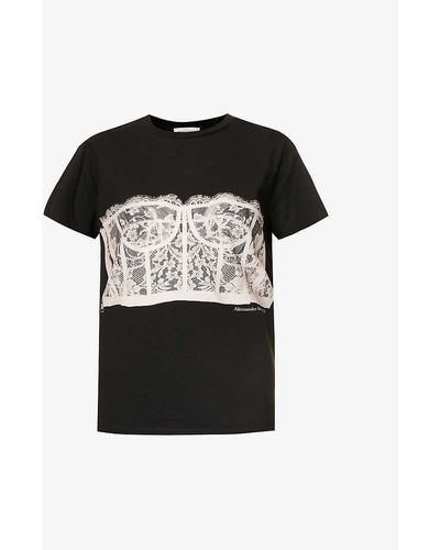 Alexander McQueen Black Shell Lace-print Cotton-jersey T-shirt