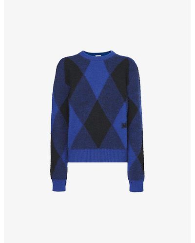 Burberry Diamond-pattern Crewneck Wool Sweater - Blue