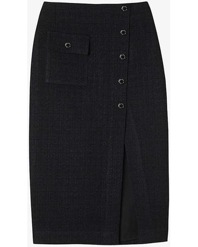 Sandro Front-split Button-embellished Tweed Midi Skirt - Black