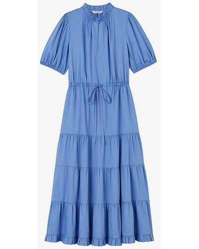 LK Bennett Hedy Tiered-hem Tie-waist Organic-cotton Midi Dress - Blue