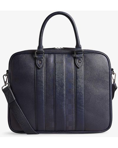 Ted Baker Waymon Checked Logo-embellished Faux-leather Briefcase - Blue