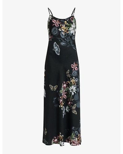 AllSaints Bryony Sanibel Floral-print Recycled-polyester Midi Slip Dress - Black
