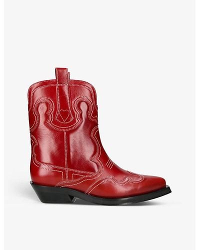 Ganni Low Contrast-stitch Heeled Leather Western Boots - Red