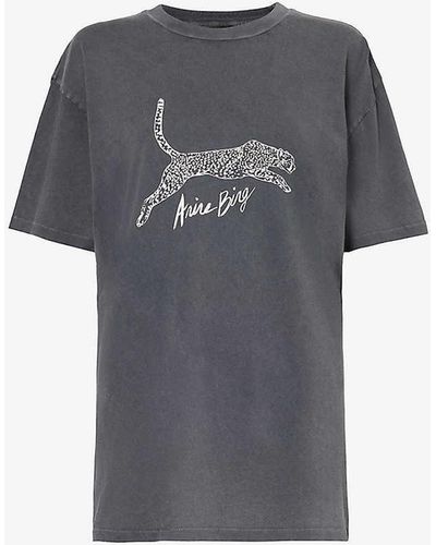 Anine Bing Leopard Brand-print Organic-cotton Jersey T-shirt - Grey