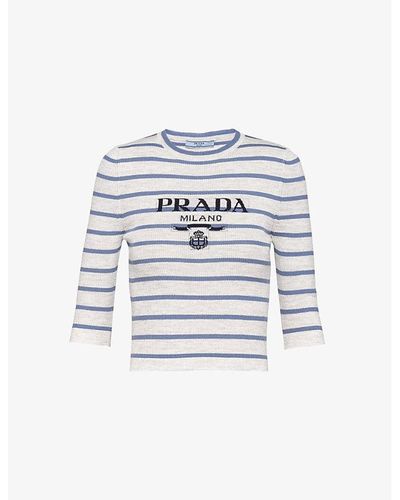 Prada Superfine Logo-intarsia Striped Virgin-wool Top - White