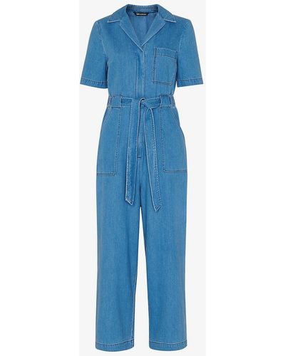 Whistles Ciara Open-collar Elasticated-back Cotton Jumpsuit - Blue