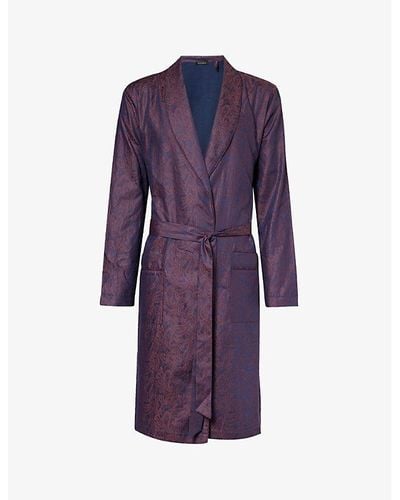 Hanro Abstract-pattern Tie-belt Cotton Robe - Purple