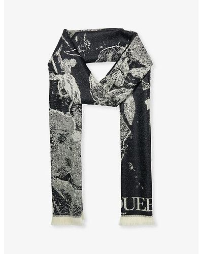 Alexander McQueen Floral-pattern Fringed-trim Wool Knitted Scarf - Black