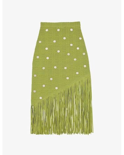 Sandro Anne Laure Fringe-embellished Woven Midi Skirt - Green