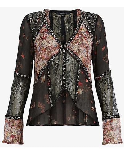 AllSaints Florence Kora Sequin-embellished Floral-print Woven Blouse - Black