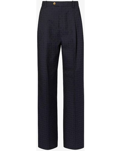 Gucci Horsebit-pattern Straight-leg High-rise Cotton And Wool-blend Trousers - Blue