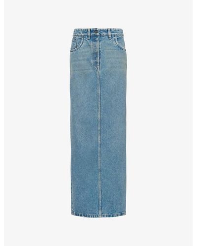 Prada Brand-plaque Low-rise Organic-cotton Denim Maxi Skirt - Blue
