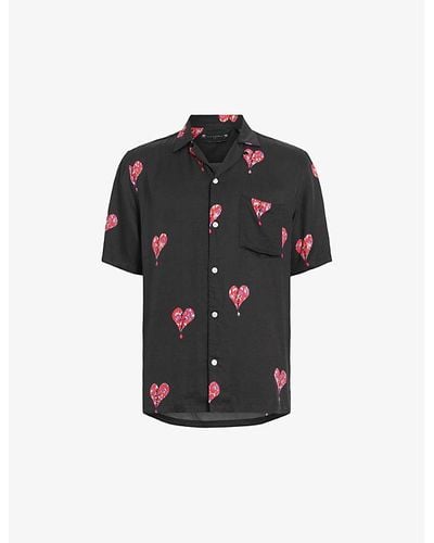 AllSaints Ikuma Heart-print Relaxed-fit Woven Shirt - Black