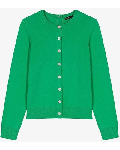 Maje Round-neck Long-sleeve Stretch-wool And Cashmere-blend Cardigan - Green
