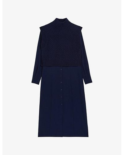 Ted Baker Elsiiey Knit-layer Stretch-woven Midi Dress - Blue