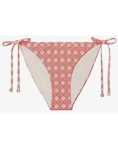 Reiss Kallie Fern-print Side-tie Stretch-woven Bikini Bottoms - Pink