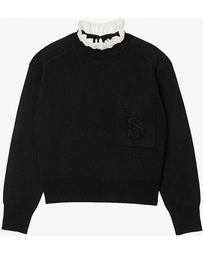 Sandro Lucien Frill-neck Logo-embroidered Knitted Jumper - Black